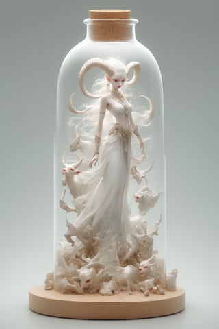 Persian , Aesthetics art,official art, (full body), ((tanding in a giant glass bottle)), (long intricate horns:1.2) ,albino demon Persian  girl with enchantingly beautiful, alabaster skin, A benevolent smile,girl has Beautiful deep red eyes,soft expression,Depth and Dimension in the Pupils,in a jar,((Cork bottle)),