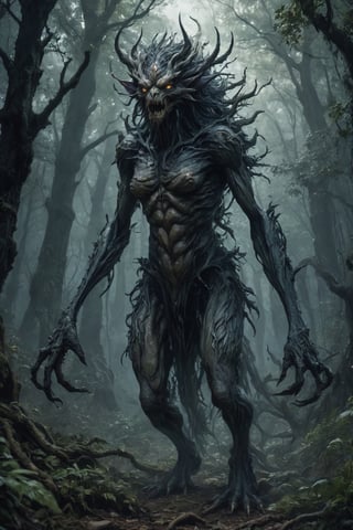 Generate hyper realistic image of a corrupted  Persian nymph metamorph monster transforming in a blighted grove. Convey the eerie and malevolent atmosphere as the once-beautiful creature undergoes a dark metamorphic change.