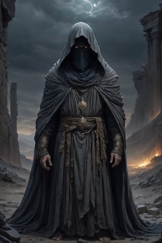 Persian, Generate hyper realistic image of a foreboding oracle, shrouded in tattered robes, its face hidden beneath a hood. The oracle's eyes should radiate an ominous glow, and its outstretched hands should be surrounded by ethereal visions of impending doom. Illustrate a desolate landscape where the whispers of despair come to life.
