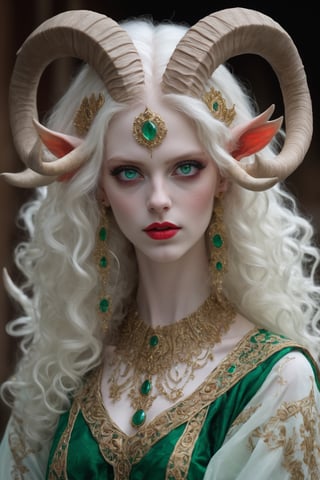 An albino Persian devil girl (long intricate horns: 1.2) in traditional Italian and Sardinian costume, endlessly beautiful emerald eyes, her ethereal presence accentuated by the transparency of her pale skin, her striking emerald eyes radiating an otherworldly glow,
Break
Wrapped in the vibrant colors and intricate designs of her artistically embroidered blouse, colorful skirt, apron, and Sardinian folk costume in red and white tones, she exudes an enchanting allure that transcends the realms of fantasy and reality,photo_b00ster