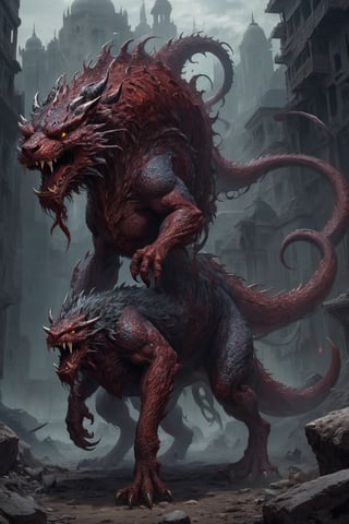 Generate hyper realistic image of a Persian monstrous entity with blood-red scales and multiple demonic limbs, roaming the desolate despair, spreading malevolence in its wake., 