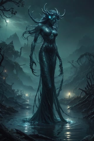 Generate hyper realistic image of a necrotic siren metamorph Persian monster morphing in murky swamplands. Illuminate the scene with ghostly lights as the siren undergoes a haunting and otherworldly metamorphic process.