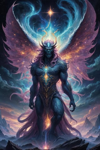 Generate hyper realistic image of a celestial specter metamorph Persian monster unveiling its radiant form in a celestial nexus. Explore the transcendent and divine atmosphere as the specter undergoes a majestic metamorphic revelation.