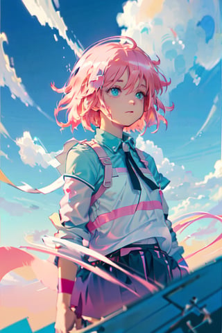 masterpiece, best quality, movie still, 1girl, floating in the sky, cloud girl, cloud, (close-up:1.1), bright, happy, fun, soft lighting, (Bauhaus, shapes, lines, abstract:1.1),anya ,cute girl, pink_hair, child, short_hair ,SHIRT