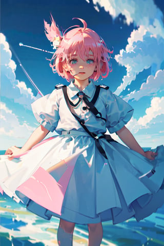 masterpiece, best quality, movie still, 1girl, floating in the sky, cloud girl, cloud, (close-up:1.1), bright, happy, fun, soft lighting, (Bauhaus, shapes, lines, abstract:1.1),anya ,cute girl, pink_hair, child, short_hair ,SHIRT