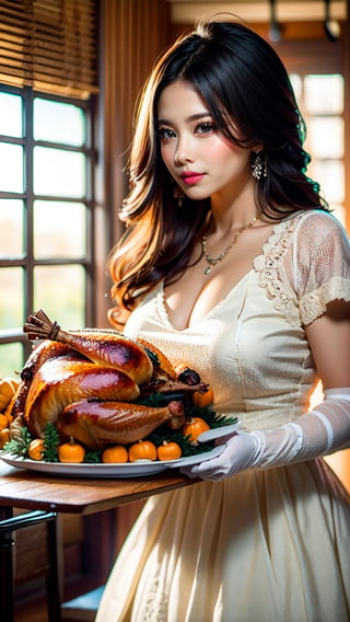 ((a young beautiful lady)) wearing ((adorable casual attire)) ((posing)) ((In the dining room)),((Thanksgiving turkey-themed:1.4)), ((night)), (((Dim light:1.4))), (((😉:1.4))), and ((wearing skirt)), and ((wearing gloves)), ((70s themes:1.4)), ((perfect_figure)), ((cleavage)), smiling, ((endearing)), ((Sweating)), ((wide_shot)), ((showing bang hair)), profesional masterpiece photography, hyper realistic, romantic , Bangsian fantasy, Bengali, photo, arabesque, ((Rangoli)), qajar art, instagram,, Anime,hogrobe,Thanksgiving turkey,Cyberpunk