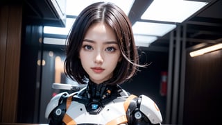 1 girl , in Server room ,cute girl, pretty eyes , Grey Pupils , calm face , cute smile , Short Pixie Hair , multicolored hair Orange and Blond , Sci-fi, ultra high res, futuristic , {(little robot)}, {(solo)}, face close up , {(Indoors complex background ,spaceship wall interior background, Mecha parts)},Japanese girl