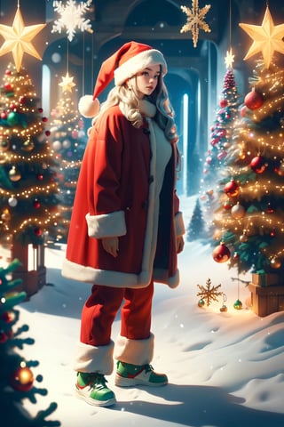 atmospheric scene, masterpiece, best quality (detailed background, (ultra detailed texture), (cinematic light: 1.1), extremely detailed CG, unity 8k wallpaper, ultra detailed, highly detailed, high resolution, best quality, extremely detailed, Christmas style, area lighting, HD, 8k, ((Full body))

1 girl, very long white hair, big breasts, red santa pants, red santa coat, long coat with green details, red santa hat, perfect hands, ((yelloew eyes)) big waist, thick thighs

high resolution, santa's sleigh, snow, snowy mountains, cinematic lighting, female, perfect lighting, looking at viewer, christmas trees, christmas village, christmas lights, holding, smile, medieval village, wizardry, snowy sky, white hair,Santa Claus,Christmas Room,Snowflake