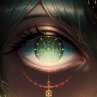 loli, sight_in_the_eyes, close_face, green_eyes, saki, magic_circles, green_hair, wizards, sight looking, magic_circle_inside_the_eye, perfect_eyes,full yet simplified body 