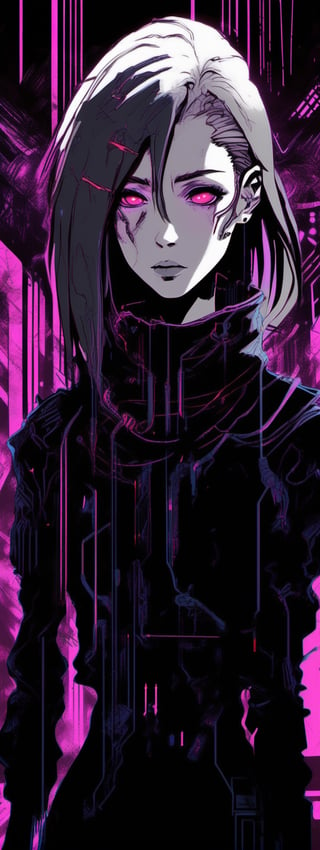 Inspired by Valorant concept art. A 4k of a grungy sketch of a cyberpunk anime girl drawn in a stylized yet simple drawing style. There appear to be shadows or dark energy radiating from her. It looks like an anime movie poster. The sketch does not look realistic but rather simple and stylized but still looks high quality and high resolution with very defined lines. She has short black hair and pretty and very large black eyes with no color.