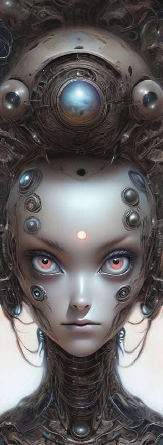 robot girl with eyes and head of planets, in the style of the stars art group (xing xing), hyper-detailed illustrations, gadgetpunk, psychedelic manga, realistic figurative paintings, detailed world-building, culturally diverse elements,Gric,darkart
