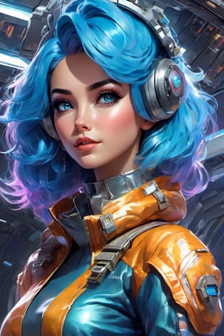 Agirl, thunder gree jacket, tight suit,Space helm of the 1960s,and the anime series G Force of the 1980s,Darf Punk wlop glossy skin, ultrarealistic sweet girl, space helm 60s, holographic, holographic texture, the style of wlop, space,   with blue hair, intense blue eyes, wearing Cyberpunk clothes, with her arms made of metal, against a dark background of inside a space station at night. detailed-eyes, details-face, details-lips,Luxurious cosmos theme 
