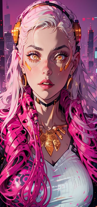 A girl with blond hair, intense golden yellow eyes, wearing Cyberpunk clothes, with her arms made of metal, against a dark background of a city at night. detailed-eyes, details-face, details-lips,LuxuriousWheelsCostume,  silver dress,tape_clothes,tape,upshirt