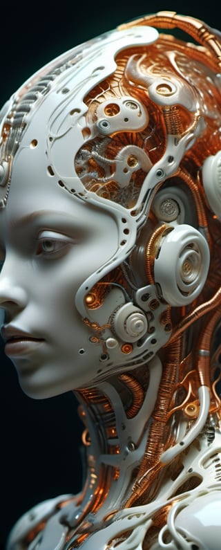 complex 3d render ultra detailed of a beautiful porcelain profile woman android face, cyborg, robotic parts, 150 mm, beautiful studio soft light, rim light, vibrant details, luxurious cyberpunk, lace, hyperrealistic, anatomical, facial muscles, cable electric wires, microchip, elegant, beautiful background, octane render, H.R. Giger style, 8k