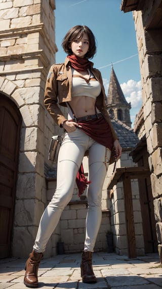 {{{masterpiece}}}, {{{best quality}}}, {{{ultra-detailed}}}, {cinematic lighting}, {illustration}, 1girl, hmmikasa, mikasa, white pants, short hair, black eyes, scarf, emblem, brown crop open jacket, belt, thigh strap, red scarf, {white pants}, white crop top, sexy ass, sexy breasts, nice hands,cleavage, 3DMM, gigantic breasts, bilateral symmetry, nice hands, In the background of medieval architecture, there are monsters and giants in the distance.,hmmikasa,