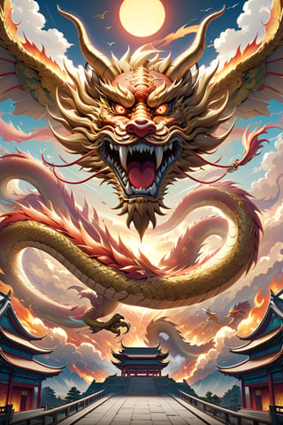 Best quality,masterpiece,ultra high res,nu no humans, (long:1.2), no humans, cloud, architecture, east asian architecture, red eyes, horns, open mouth, sky, fangs, chinese dragon, cloudy sky, teeth, flying, fire, bird, wings ,long, EpicArt (Masterpiece, Best Quality, 8k:1.2), (Ultra-Detailed, Highres, Extremely Detailed, Absurdres, Incredibly Absurdres, Huge Filesize:1.1), (Anime Style:1.3), , Golden oriental dragon,Cyberpunk,Golden Chinese Dragon,Oriental Dragon,Goku