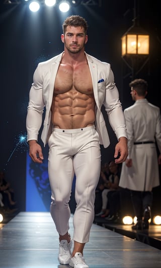 masterpiece, best quality, 8k, 1man, (front Photo), shiny skin, facial hair, walking on fashion show runway stage, wearing white sheer suit, highly detailed face and skin, realistic, mature, stubble, muscular, huge pecs, handsome, male focus, light particles, rim light, Use light to shine through clothes to reveal muscle contours, full body, skin color shows through the fabric of clothes,