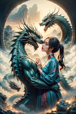 a fantasy scene depicting a young girl tenderly kissing a majestic Chinese dragon, surrounded by a mystical environment with ethereal lighting, the dragon is elegant with intricate scales, the girl is in traditional Chinese attire, the background is a celestial landscape with vibrant colors and mythical atmosphere, dynamic composition, ultra highres