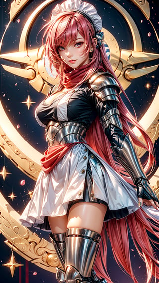 A girl 20 years old on the sun  flame armor ,red eye, pink hair, magical red boot , red shining scarf,
,asunadef