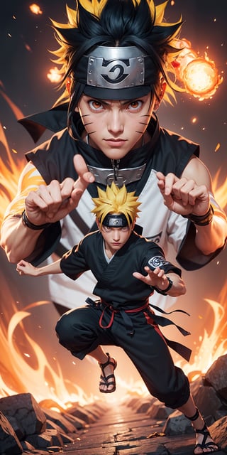 Imagine a breathtaking image featuring Naruto Uzumaki in his iconic outfit with yellow hair, red eyes, and a ninja headband. Visualize him using fireball magic against a meticulously detailed background. Request a 32k HD high-quality image that captures every intricate detail, ensuring perfection in his face, eyes, hands, fingers, legs, footwear, and outfit. Aim for a visual masterpiece that showcases the essence of Naruto in an extraordinary and highly detailed composition.,n4rut0,Estelle_Bright_Kiseki,perfect,Naruto uzumaki ,facial mark, high detailed perfect hands and fingers, 