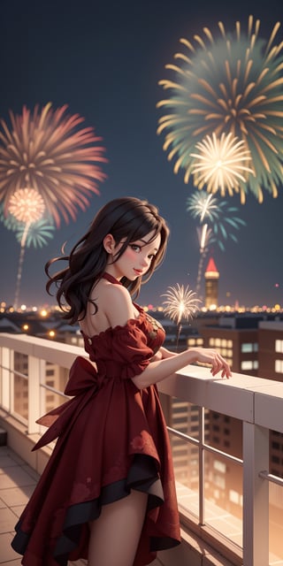 Bring to life a captivating moment on a rooftop for New Year's Eve. Picture a beautiful girl and a handsome boy standing together, gazing at the night sky adorned with dazzling fireworks. Craft a visually stunning image that captures the magic of the moment, blending the warmth of their connection with the spectacular backdrop of the New Year's celebration. Ensure the scene radiates romance and joy, symbolizing the promise of a wonderful year ahead.