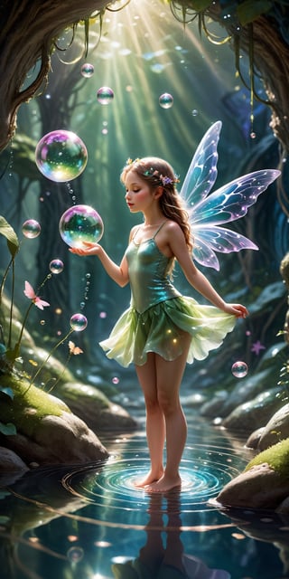 Imagine a scene of enchantment featuring beautiful tiny mini fairies gracefully positioned inside glistening water bubbles. Encourage artists to capture the ethereal beauty of these magical beings against a captivating background, creating a visually stunning and whimsical image. This prompt invites the creation of a beautiful and mesmerizing scene that celebrates the delicate allure of fairies and the enchantment found within sparkling water bubbles.