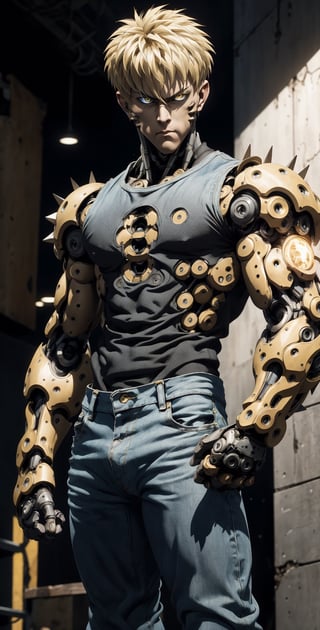 Genos(one punch man), mechanical cyborg, average human height. His face and ears look like that of a normal human, made of artificial skin, and his eyes have black sclera with yellow irises. He has spiky blond hair and his eyebrows are blond (one punch man anime)., Tank top, denim pants, glowing body, fighting stand, punching a wall, 