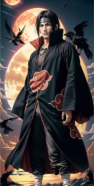 "Craft an intricately detailed image featuring Itachi Uchiha exuding an air of coolness. His Sharingan eyes should radiate a captivating intensity, while he stands adorned in an Aakash Institute uniform. Include a crow in mid-flight beside him, adding an element of symbolism. Itachi's expression should convey a sense of seriousness and wisdom, capturing the essence of his complex character.",akatsuki outfit, night, red_eyes, lite red moon, 