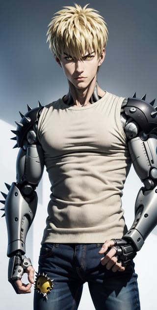 Genos(one punch man), mechanical cyborg, average human height. His face and ears look like that of a normal human, made of artificial skin, and his eyes have black sclera with yellow irises. He has spiky blond hair and his eyebrows are blond (one punch man anime)., Tank top, denim pants, 