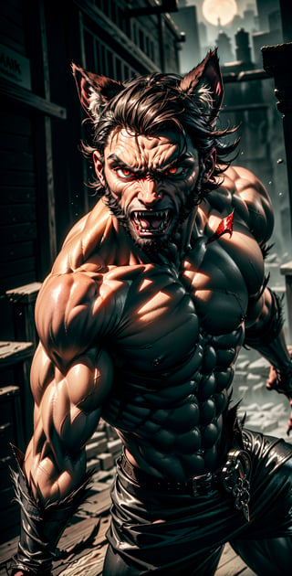 Create an eerie scene featuring a menacing, heavily-muscled werewolf. The werewolf stands tall, its body radiating power and aggression. Its eyes burn with an angry intensity as it snarls, revealing a row of sharp, glistening teeth. Long, deadly claws extend from its fingers, ready to strike. The creature's mouth drips with saliva, adding to the sense of danger. Place the werewolf in a horror-themed background, surrounded by shadows and an air of foreboding.",perfecteyes