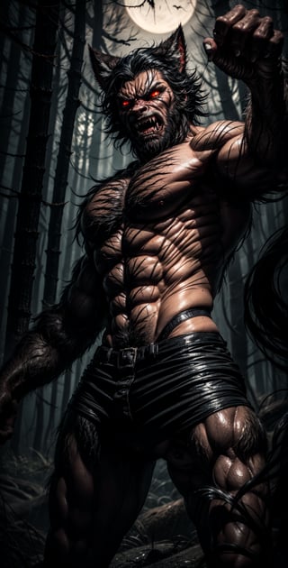 Create an eerie scene featuring a menacing, heavily-muscled werewolf. The werewolf stands tall, its body radiating power and aggression. Its eyes burn with an angry intensity as it snarls, revealing a row of sharp, glistening teeth. Long, deadly claws extend from its fingers, ready to strike. The creature's mouth drips with saliva, adding to the sense of danger. Place the werewolf in a horror-themed background, surrounded by shadows and an air of foreboding.",perfecteyes