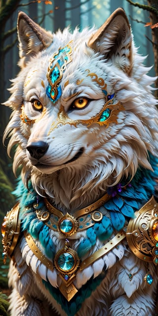 Create an enchanting visual narrative featuring a magical creature embodying the essence of fantasy—a majestic wolf adorned with golden, biometrically inspired fur that glows with vibrant colors. Imagine this creature in a captivating fantasy world scene, surrounded by elements that enhance the magical and otherworldly atmosphere. Craft a visually stunning and ethereal portrayal that captures the beauty of this biometrically enhanced, fantasy-style wolf