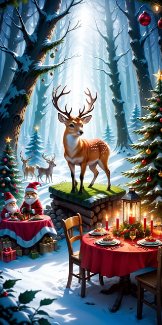 Craft an enchanting 16k Ultra HDR high-resolution image portraying an imaginary scene of a magical forest hosting a Christmas party. Picture beautiful creatures and animals celebrating amidst the enchanting surroundings. Infuse the image with a Christmas theme, creating a perfect and high-detailed fantasy-style masterpiece that captures the magical essence of the holiday season in this fantastical setting.