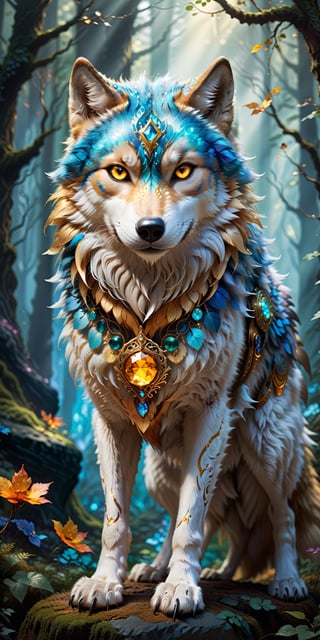 Create an enchanting visual narrative featuring a magical creature embodying the essence of fantasy—a majestic wolf adorned with golden, biometrically inspired fur that glows with vibrant colors. Imagine this creature in a captivating fantasy world scene, surrounded by elements that enhance the magical and otherworldly atmosphere. Craft a visually stunning and ethereal portrayal that captures the beauty of this biometrically enhanced, fantasy-style wolf