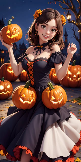 Imagine and create a delightful Halloween-style image featuring a beautiful girl adorned in an enchanting dress, joyfully holding a pumpkin and smiling. Capture the festive and charming atmosphere of Halloween with attention to detail in her dress, expression, and the pumpkin she holds. Request high-detail rendering to bring out the beauty and cheerfulness in this Halloween-themed image, making it a delightful portrayal of the season