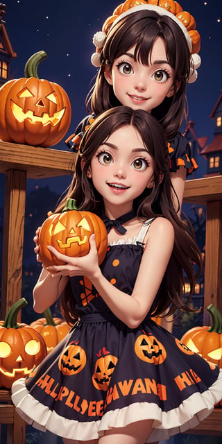 Imagine and create a delightful Halloween-style image featuring a beautiful girl adorned in an enchanting dress, joyfully holding a pumpkin and smiling. Capture the festive and charming atmosphere of Halloween with attention to detail in her pumpkin printed dress, expression, and the pumpkin she holds. Request high-detail rendering to bring out the beauty and cheerfulness in this Halloween-themed image, making it a delightful portrayal of the season