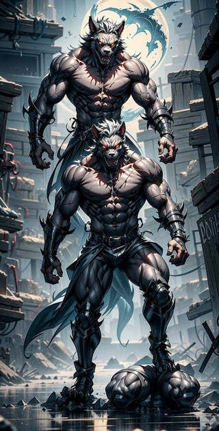 Create an eerie scene featuring a menacing, heavily-muscled werewolf. The werewolf stands tall, its body radiating power and aggression. Its eyes burn with an angry intensity as it snarls, revealing a row of sharp, glistening teeth. Long, deadly claws extend from its fingers, ready to strike. The creature's mouth drips with saliva, adding to the sense of danger. Place the werewolf in a horror-themed background, surrounded by shadows and an air of foreboding."