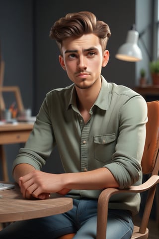 A handsom 24 year old man sitting in his studio on chair table is in front of him, he is looking toward camera and talking ,3d render