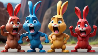 3(red bunny, blue bunny, yellow bunny) big bunnies attacking Dwayne Johnson in very funny way , Dwayne johnson is runny with his big head and big face and tiny legs wearing red shoesis a very funny way with big head and face and tiny body intence scared expression , 32k , hd, fhd, 3d render, highly reaulustion.,3d pixarstyle