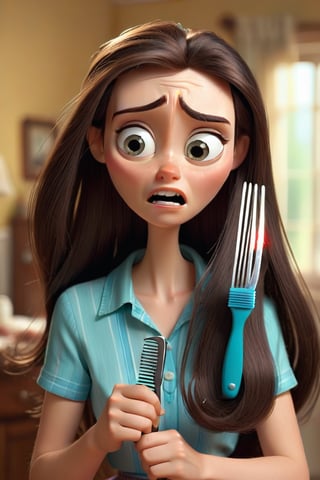 Poor wife(beautifull veey long hair) holding broken hair comb , asking her husband , thy look so poor, husband did not have long hair he has nice hair cut ... Pixar-style