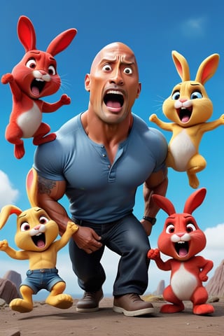 3(red bunny, blue bunny, yellow bunny) big bunnies attacking Dwayne Johnson in very funny way , Dwayne johnson is runny with his big head and big face and tiny legs wearing red shoesis a very funny way with big head and face and tiny body intence scared expression , 32k , hd, fhd, 3d render, highly reaulustion.,3d pixarstyle