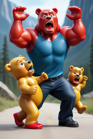 3(red gummy bear very big, blue gummy bear very big, yellow gummy bear very big) big gummy bear very big attacking Dwayne Johnson in very funny way , Dwayne johnson is runny with his big head and big face and tiny legs wearing red shoesis a very funny way with big head and face and tiny body intence scared expression , 32k , hd, fhd, 3d render, highly reaulustion.,3d pixarstyle