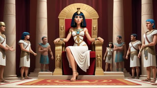 Illustrate Cleopatra’s dramatic entrance as she emerges from the unrolled carpet in front of Julius Caesar. Caesar sits on a lavish throne, looking astonished and captivated by Cleopatra’s beauty and intelligence, with Roman soldiers and advisors looking on in surprise.”
Keywords: Cleopatra, Julius Caesar, carpet entrance, Roman throne, surprise.pixar styel 3dernder