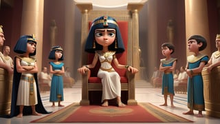 Capture a dramatic scene of Cleopatra arguing with her younger brother in a grand throne room. Cleopatra stands defiantly, dressed in royal garb, while her brother, in simpler attire, glares at her angrily. The room is filled with tension, under the watchful eyes of courtiers and advisors, 3d render, pixar style