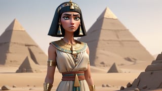 Show Cleopatra in a desolate, barren landscape, having been exiled from Egypt. She looks determined and resolute, wearing a simple yet elegant robe, with the pyramids and the Nile River faintly visible in the distant background, 3d render, pixar style