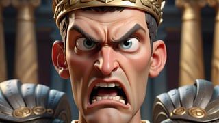 A close-up of Octavian’s stern face, showing intense anger and determination. His eyes are narrowed, and his lips are pressed tightly together. The background is filled with Roman symbols of authority, such as the eagle and the laurel wreath.", 3d render, pixar style