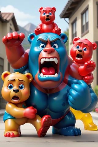 3(red gummy bear very big, blue gummy bear very big, yellow gummy bear very big) big gummy bear very big attacking Dwayne Johnson in very funny way , Dwayne johnson is runny with his big head and big face and tiny legs wearing red shoesis a very funny way with big head and face and tiny body intence scared expression , 32k , hd, fhd, 3d render, highly reaulustion.,3d pixarstyle