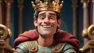  a whimsical 3D render of a **handsome ancient Roman king**, regally seated upon a **lavish throne**. His expression, a delightful blend of smiling. **Pixar-style magic** infuses life into this moment, as if we've stumbled upon a hidden chapter of history. Behold, the king who defies time! 🎨👑🏛️