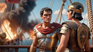  Mark Antony, in full battle gear, stands on the deck of a Roman ship, looking determined but worried. The background shows the intense fighting, with soldiers in combat and ships on fire. Cleopatra’s figure can be seen in the distance, looking towards the horizon, as if planning her next move, 3d render, pixar style