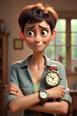 A very poor looking women with very very short hair holding a wrist watch for her husband in her hand,  expression she is very happy , in her poor house ,pixar style, 3d render.